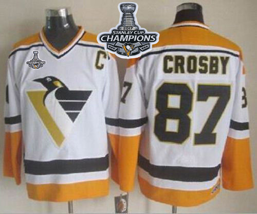 Penguins #87 Sidney Crosby White/Yellow CCM Throwback Stanley Cup Finals Champions Stitched NHL Jersey - Click Image to Close